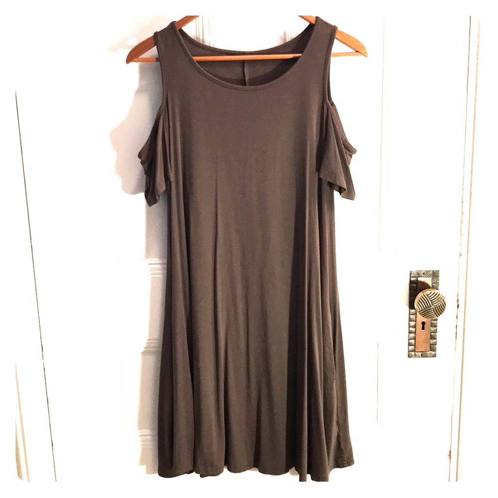 Army Green Cold Shoulder Tunic T-Shirt Swing Dress